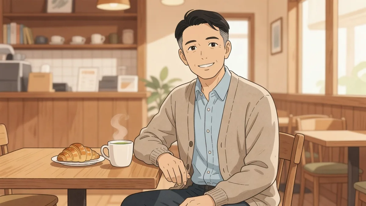 カフェで微笑む上半身