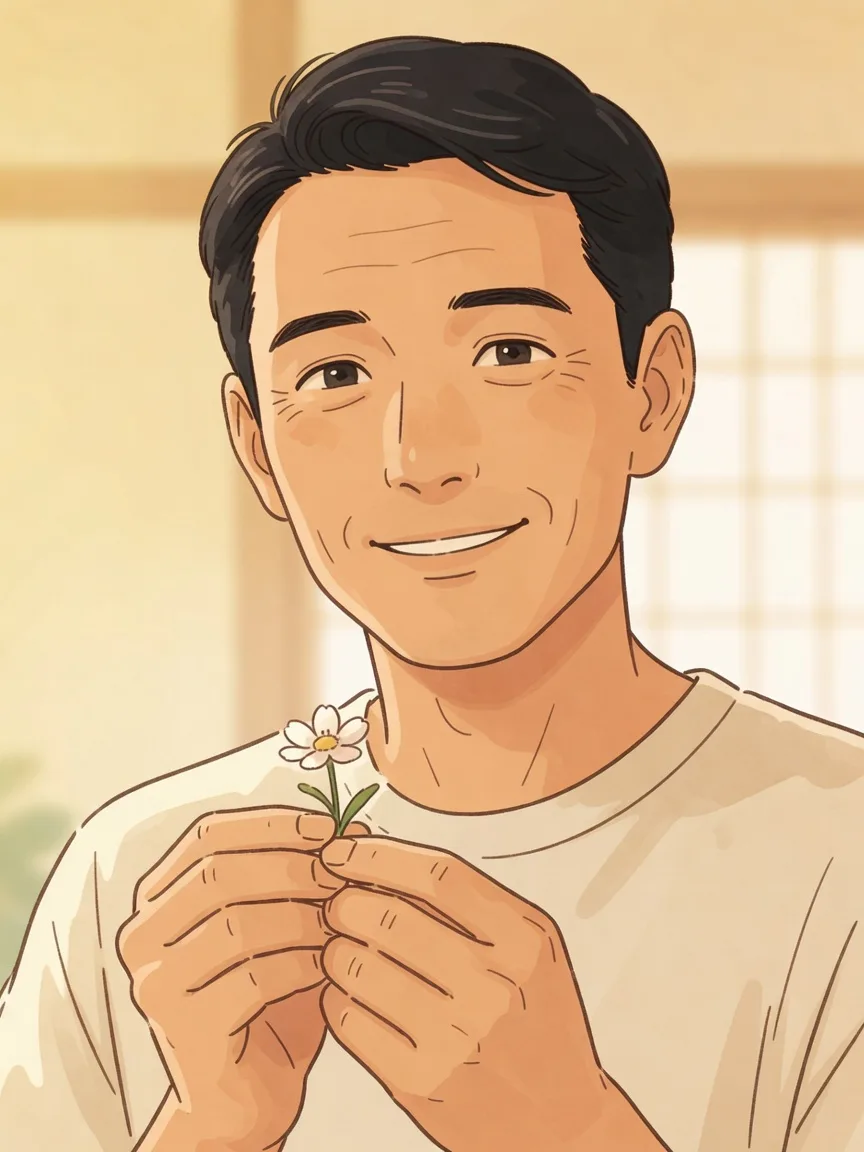 手元に花を持つ男性